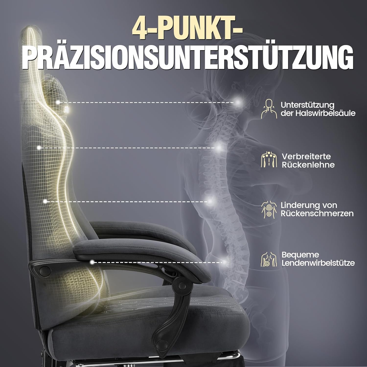 GTPLAYER Gaming Stuhl Stoff Gaming Chair Ergonomisch Bürostuh PC Stuhl, 150kg Belastbarkeit, Verstellbarer und Drehbarer Schreibtischstuh mit Federsitzkissen und Fußstütze, Grau