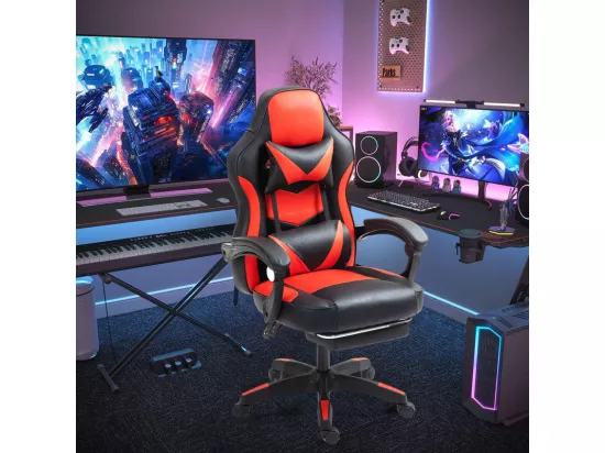 Fauteuil de gaming réglable avec repose-pied, coussin de tête et coussin lombaire - noir et rouge