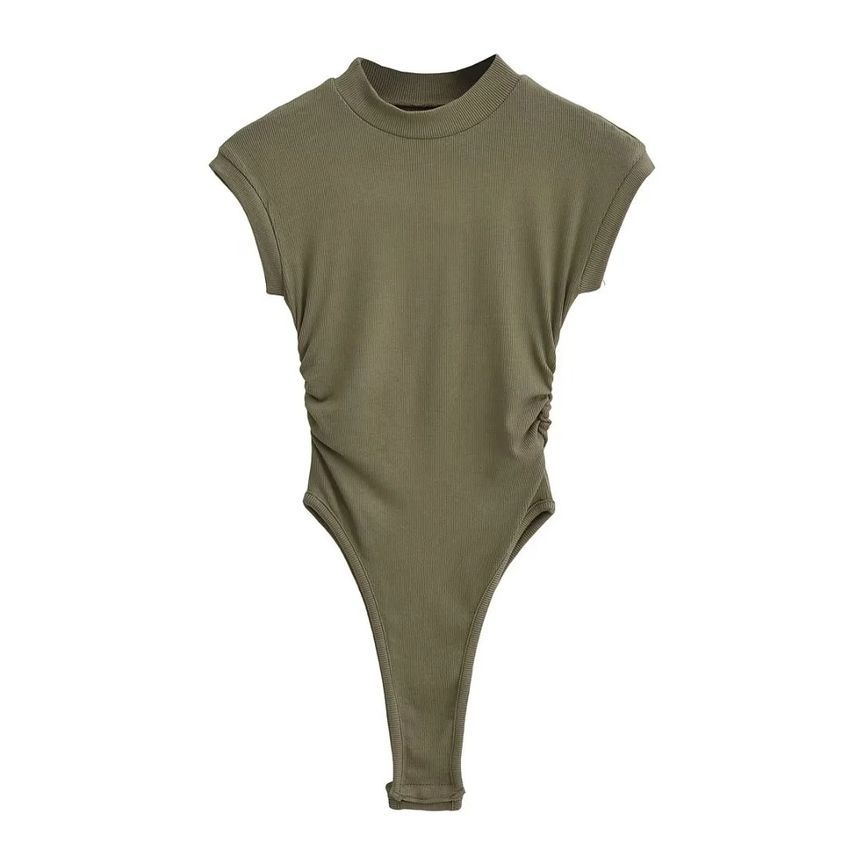 Reknovine - Cap Sleeve Mock Neck Plain Gerimpelde Bodysuit Top
