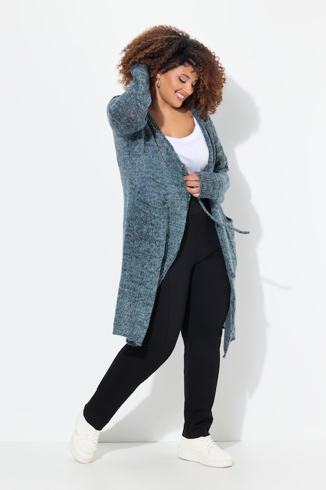 Long-Strickjacke, Bindeband, V-Ausschnitt, Rollkanten