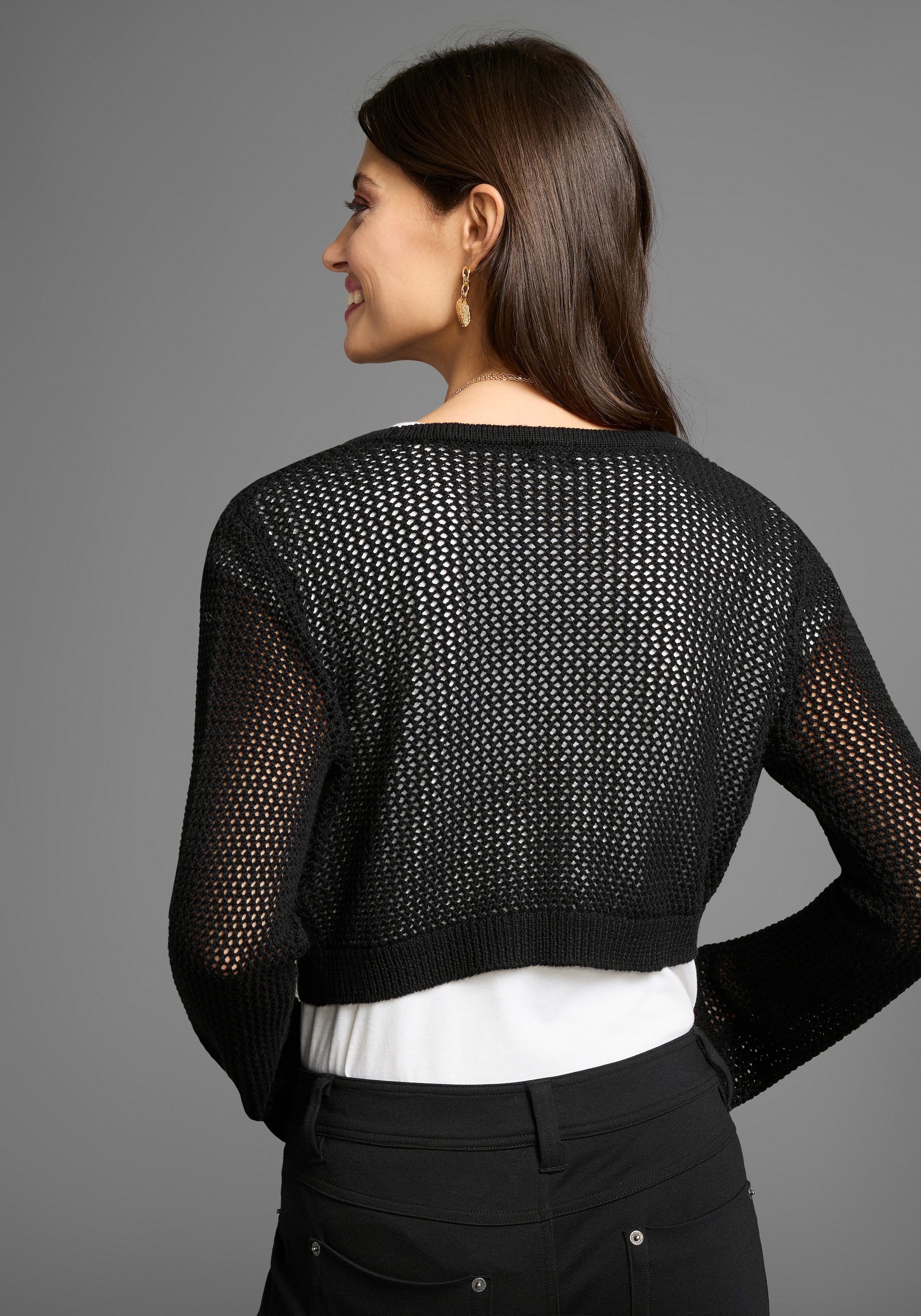 Laura Scott Ajourstrickjacke , in Netzstrickoptik in Bolero-Länge