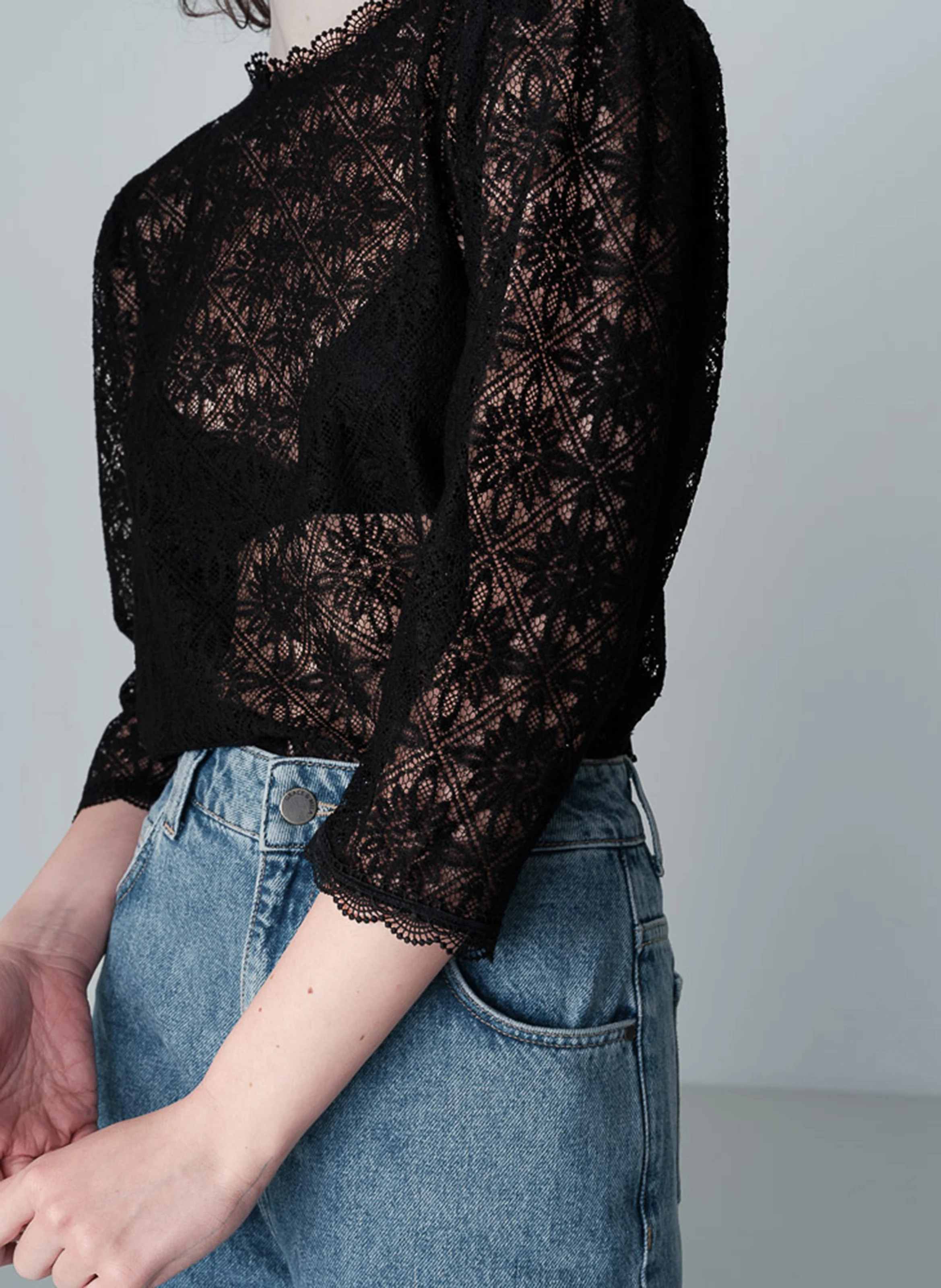 NAVY - Top col victorien droit en dentelle | Noir