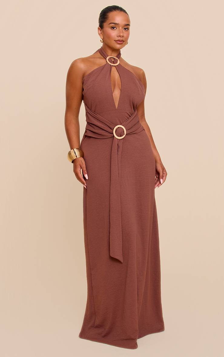 Chocolat Robe Longue Dos-nu En Satin Martelé Avec Anneau Décoratif Shape