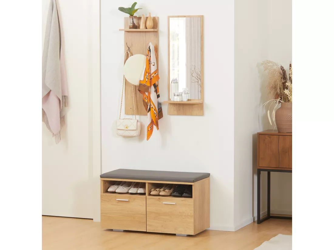 Ensemble de meuble d'entrée - vestiaire d'entrée 3 en 1 - miroir, porte-manteau, banc à chaussures - aspect bois clair gris