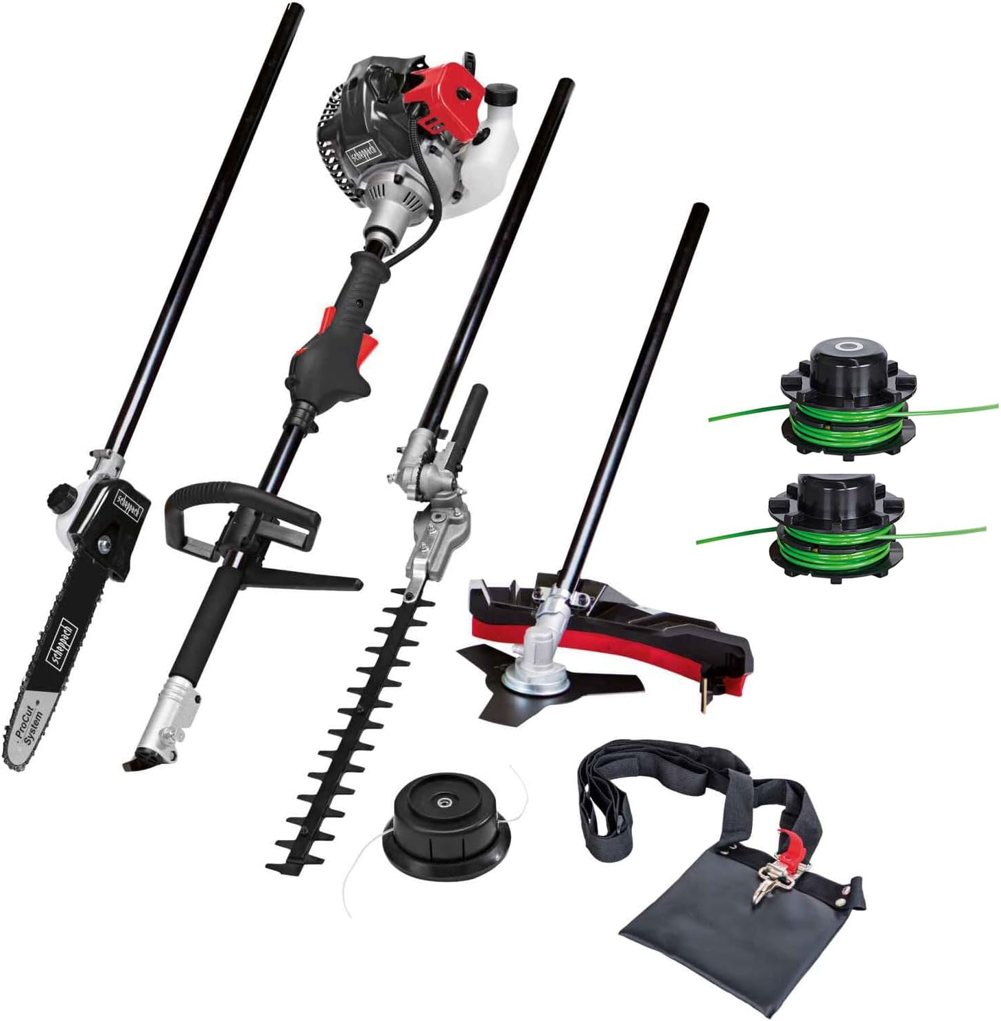 Scheppach Benzin Motorsense MFH5200-4P (1,8 PS, 4in1 Multitool für Garten - Rasentrimmer, Heckenschere, Hochentaster, Kettensäge, 250mm Schwert/Kette, schwenkbar) inkl. 2 Tricord Fadenspulen