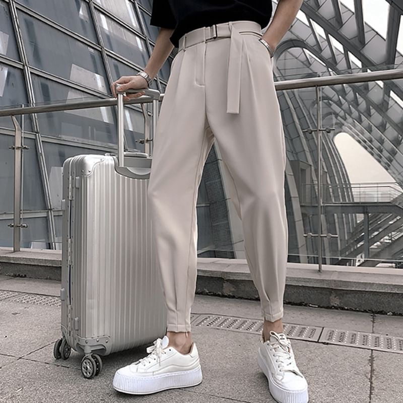 Loansk - Mid Rise Plain Cropped Baggy Dress Pants