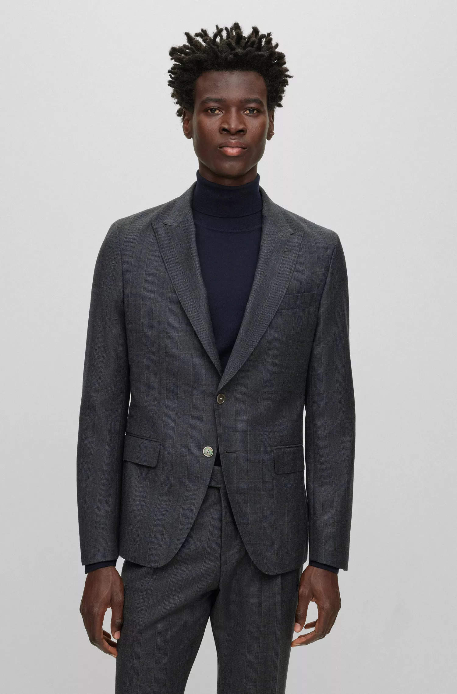 Terno BOSS preto slim fit em lã virgem xadrez.