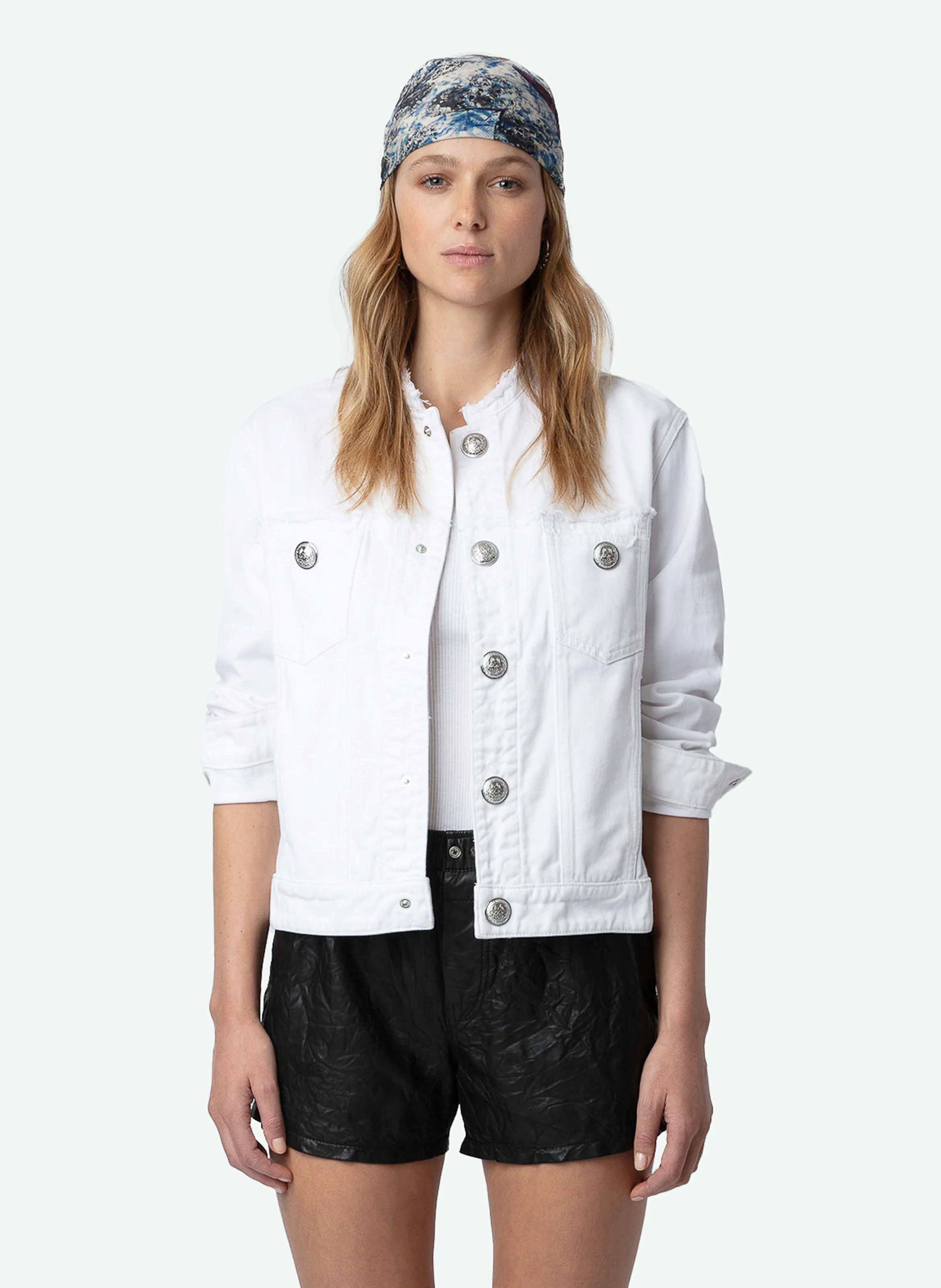 KAELY - Veste col rond brodée en denim| Blanc
