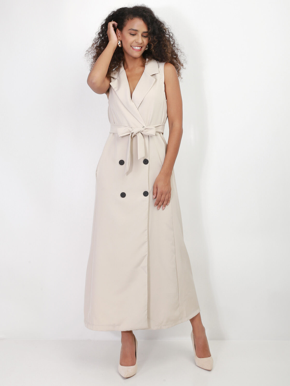 Robe longue style blazer à nouer- Beige