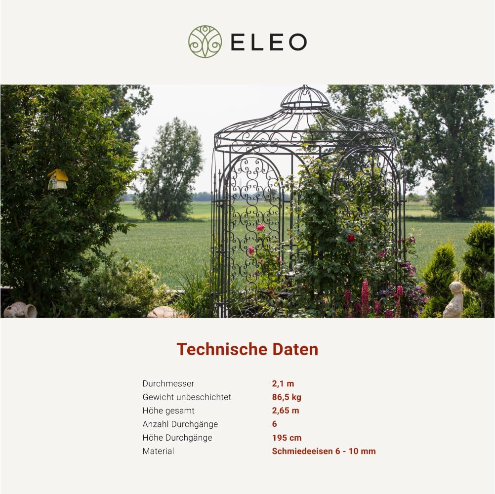 ELEO Pavillon Siena rostoptik - rund 2x2m Rankpavillon für den Garten handgeschmiedet Schmiedeeisen romantisch - Rosenpavillon Metall stabil rost Edelrost - für draußen Winterfest