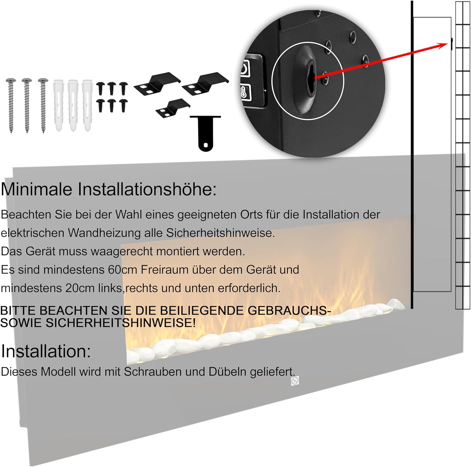 Elektrokamin Wandmontage 94cm – Elektrischer Kamin mit LED Flammeneffekt & Heizfunktion 2000W – Wandkamin mit Thermostat Timer & Fernbedienung – Design Kaminofen ohne Schornstein, Schwarz