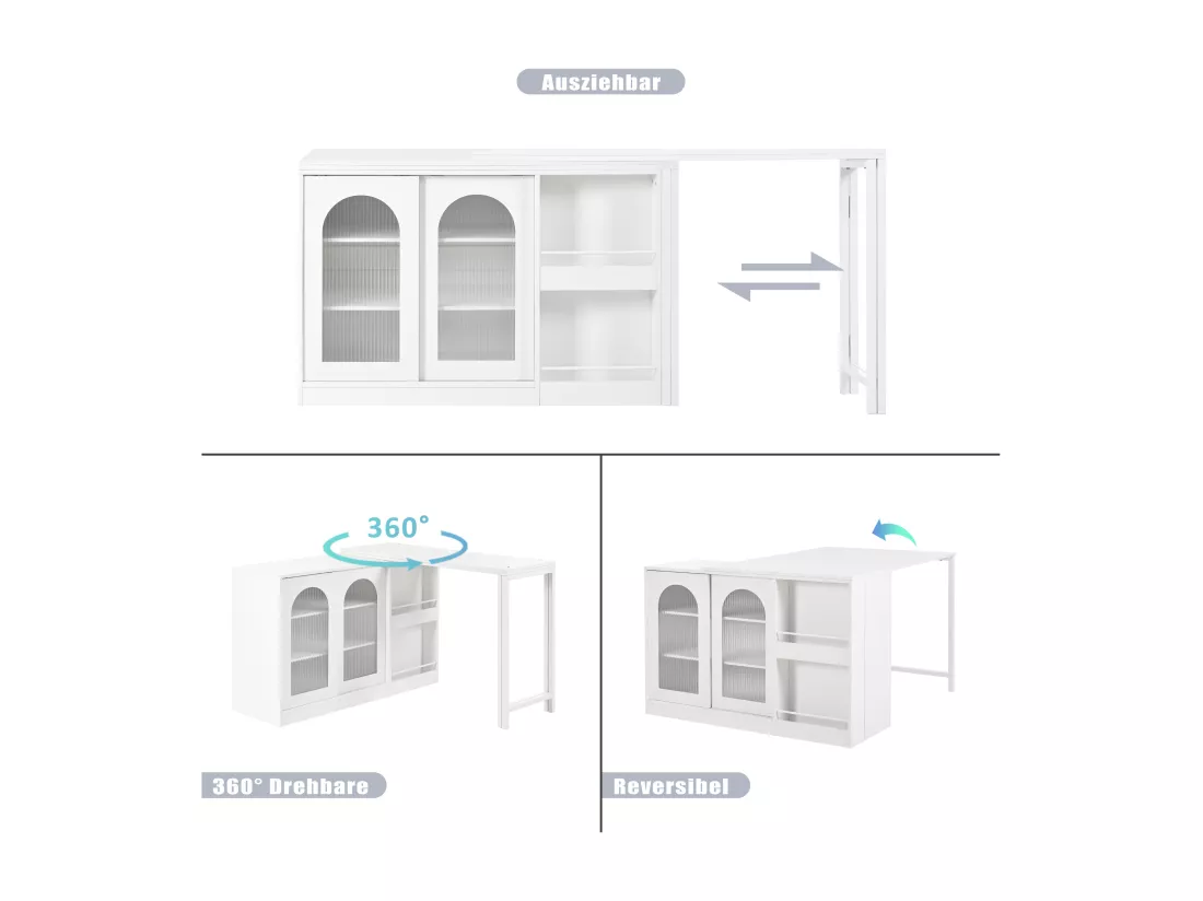 Meuble de bar extensible pivotant, table à manger - 2 portes coulissantes en verre et 2 étagères - Bois MDF - 115 x 40 x 74.5 cm - Blanc