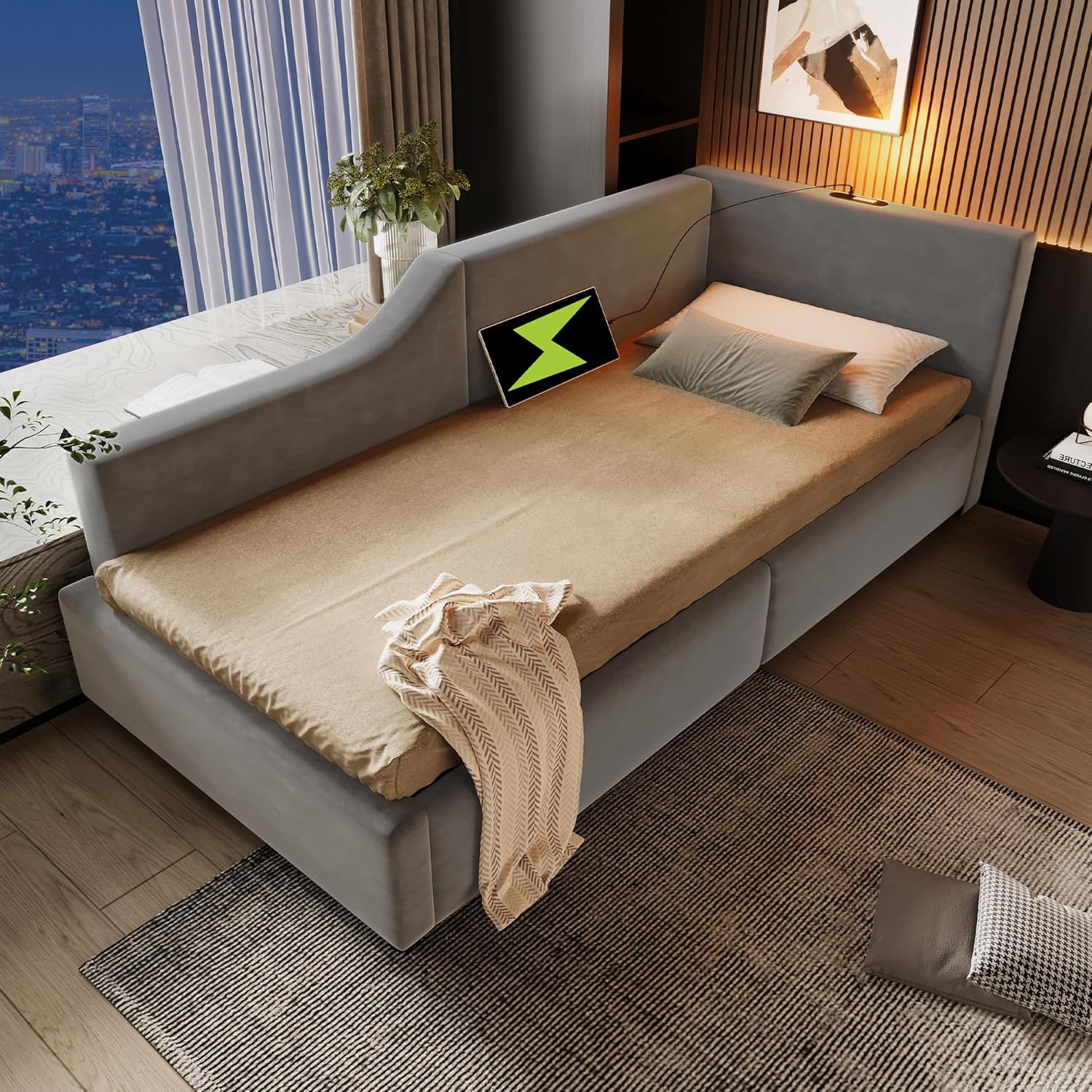 Polsterbett Tagesbett Daybett 90x200cm, Schlafsofa mit hydraulischem Stauraum, Leselichtfunktion und USB-C-Ladefunktion, Jugendbett Bettgestell, Samt (Grau, 90×200cm)