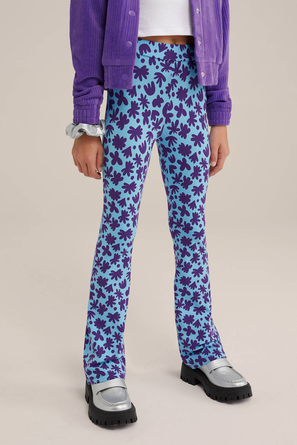 WE Fashion broek met all over print lichtblauw/paars