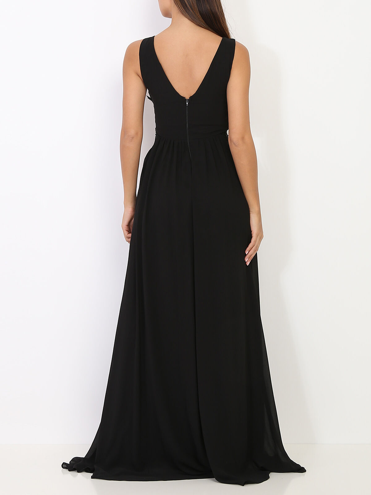 Robe longue à buste drapé et dentelle- Noir