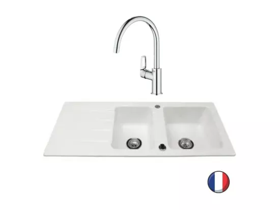 Evier 116 x 51 cm VILLEROY ET BOCH Architectura 8 Blanc + Robinet cuisine GROHE Bauloop