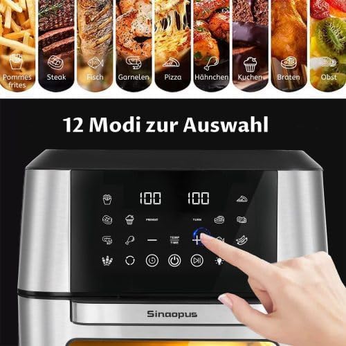 Airfryer XXL 12L mit Rotisserie Grill, Heißluftfritteuse Groß wie Backofen, LED Touch, 360° Umluft, Inkl. 2 Grillspieße & Zubehör, Gesund & Energiesparend Kochen für Großfamilien, Schwarz