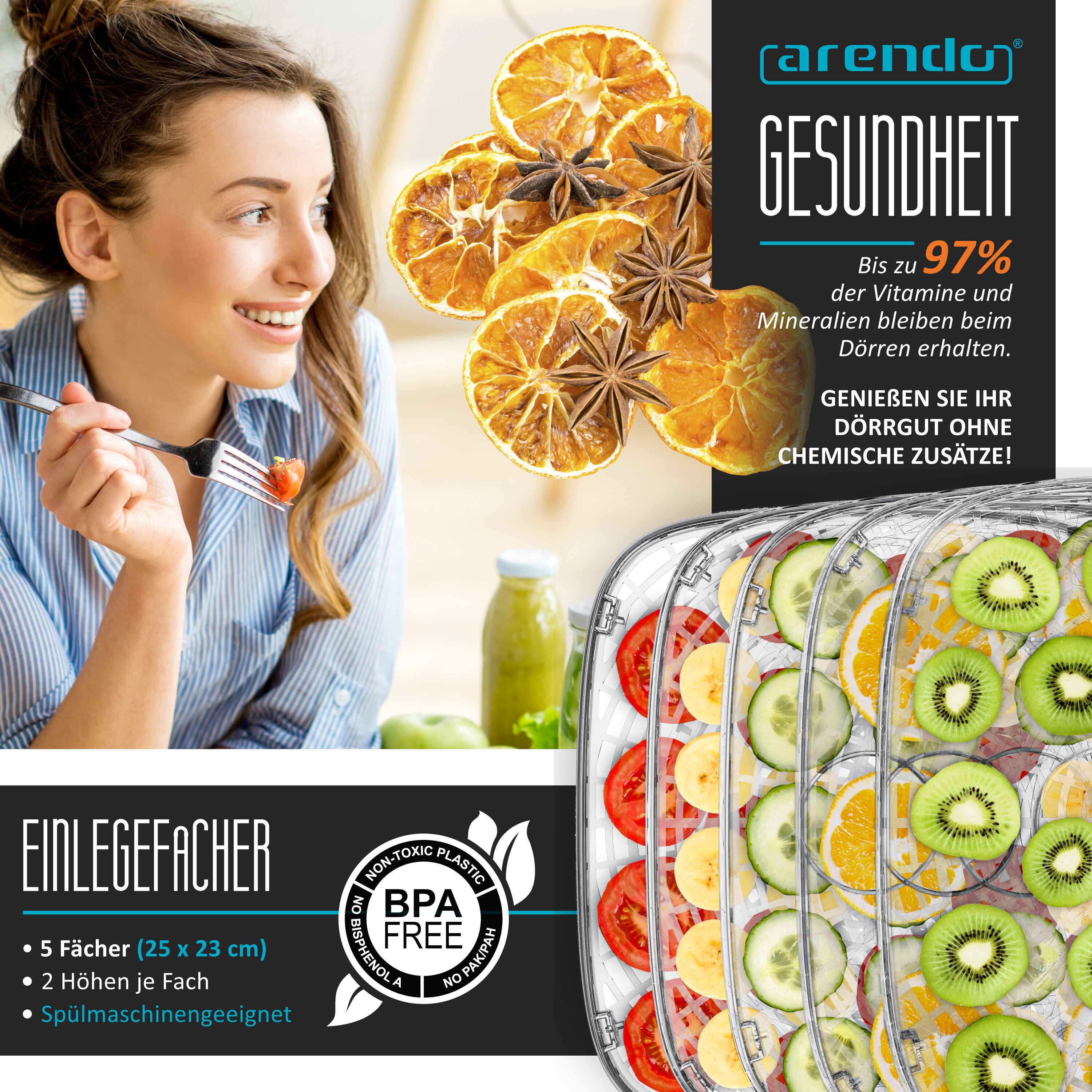 Arendo Dörrautomat mini mit Temperaturregler - Dehydrator - 5 Etagen - Timer 1 bis 72 h - 5 Einlegefächer - je Fach zwei Höhen - Food Fleisch Kräuter