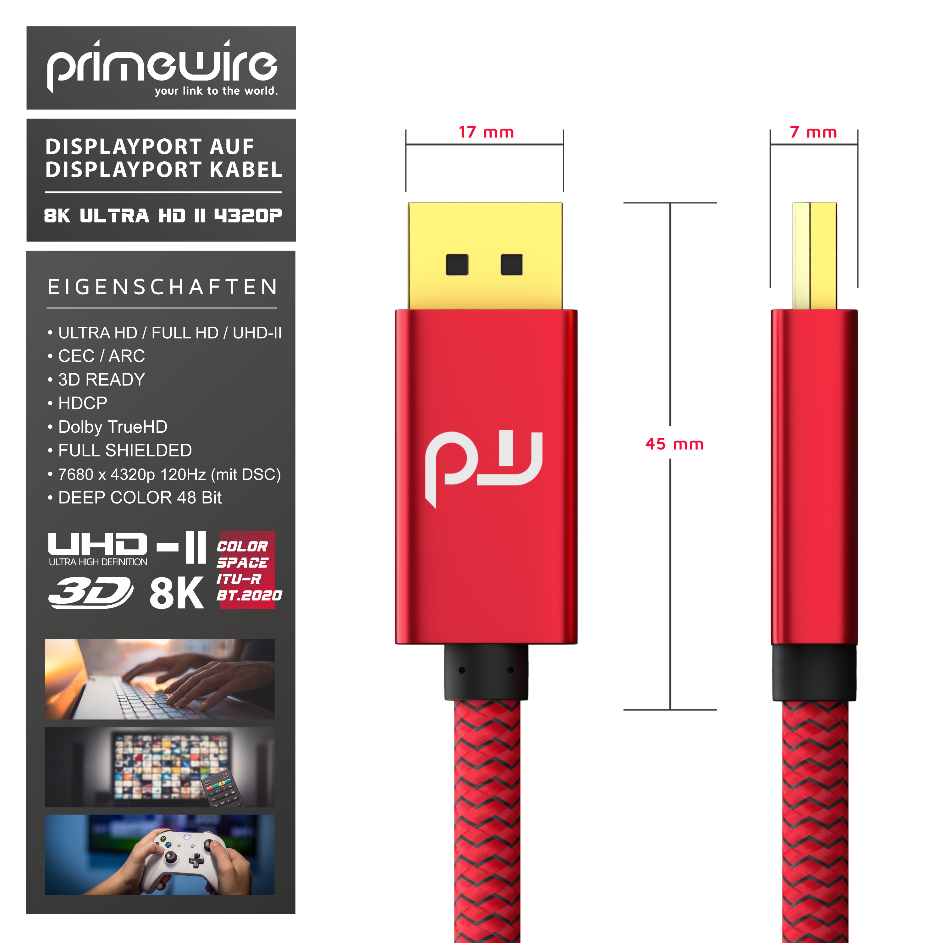 Primewire Premium DisplayPort auf DisplayPort Kabel mit Nylonummantelung 8K 7680 x 4320 @ 60 Hz mit DSC - 2m