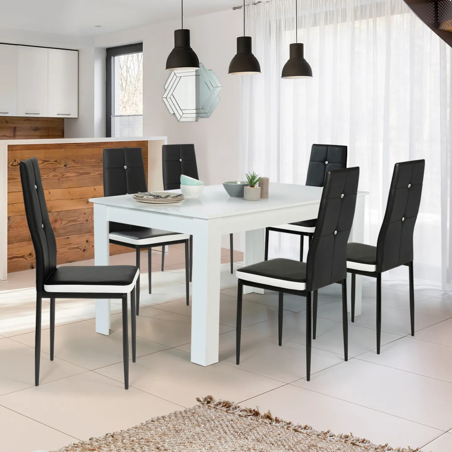 Lot de 6 chaises ROMANE noires bandeau blanc avec strass pour salle à manger