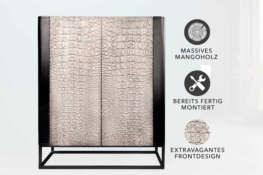 Handgefertigtes Highboard CROCO 120cm grau schwarz Mangoholz massiv 3D-Design