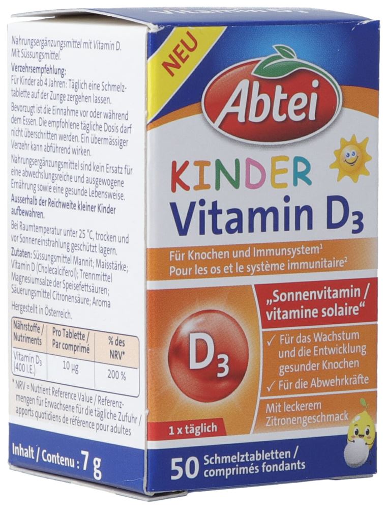 ABTEI Kinder Vitamin D3<br>50 Stück, Glasflasche, Schmelztablette