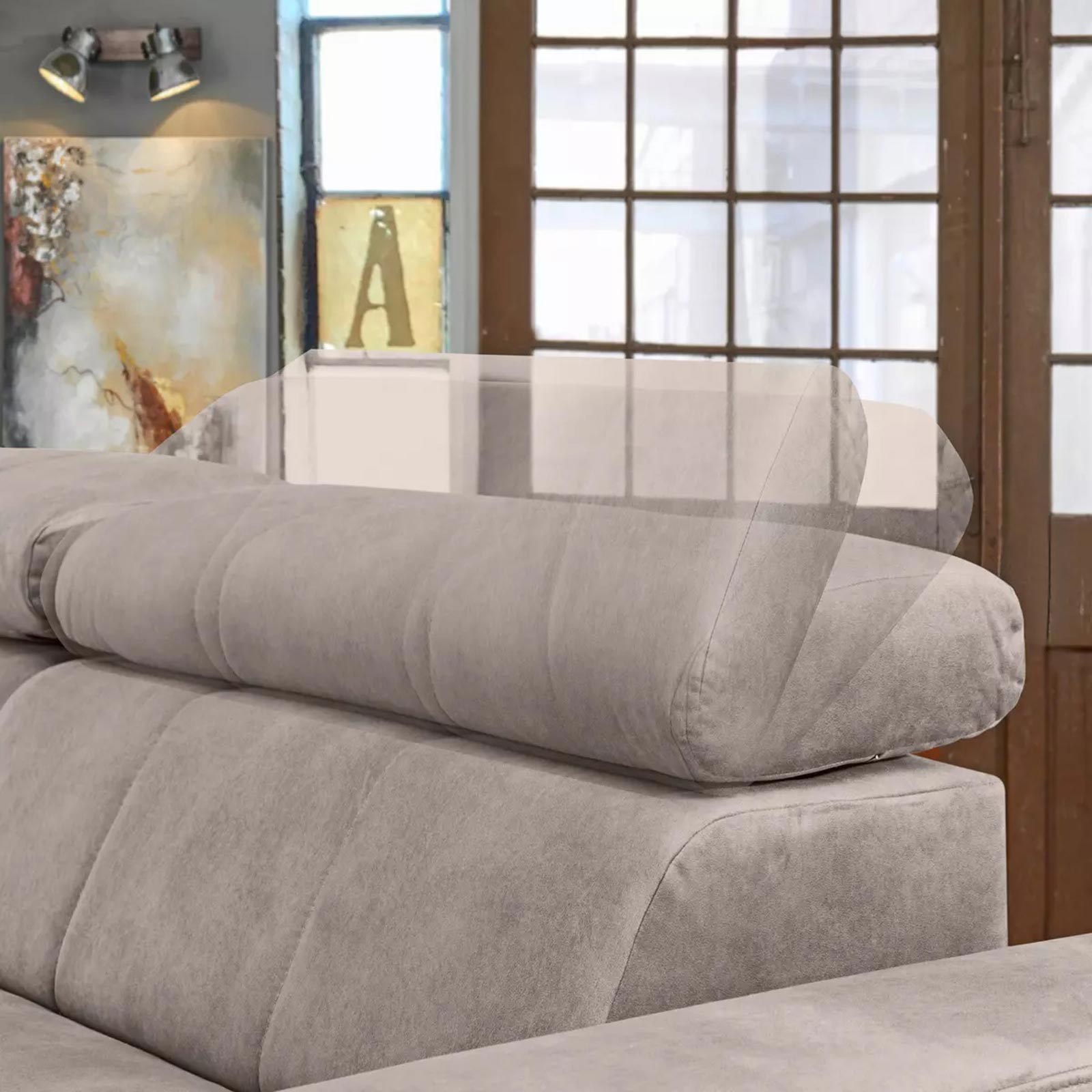 Ecksofa - beige - Samt - mit Liegefunktion - Recamiere links
