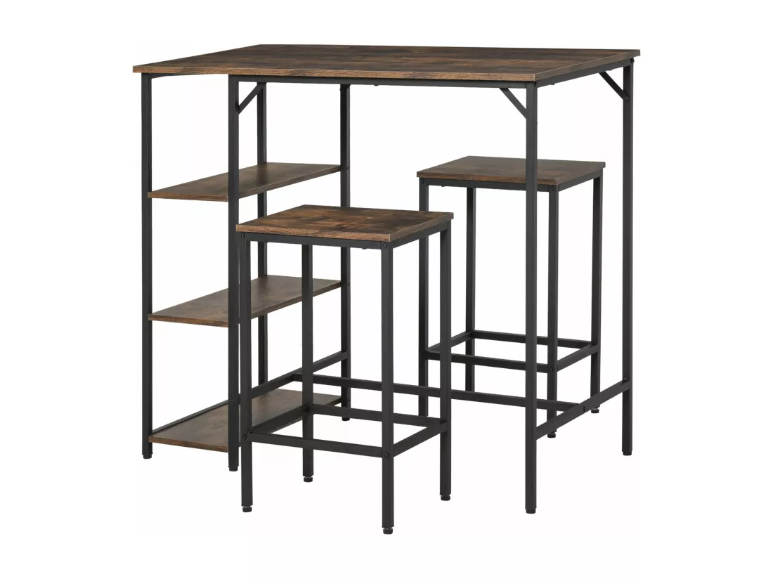 Ensemble table de bar 3 étagères 2 tabourets style industriel métal noir aspect vieux bois veinage