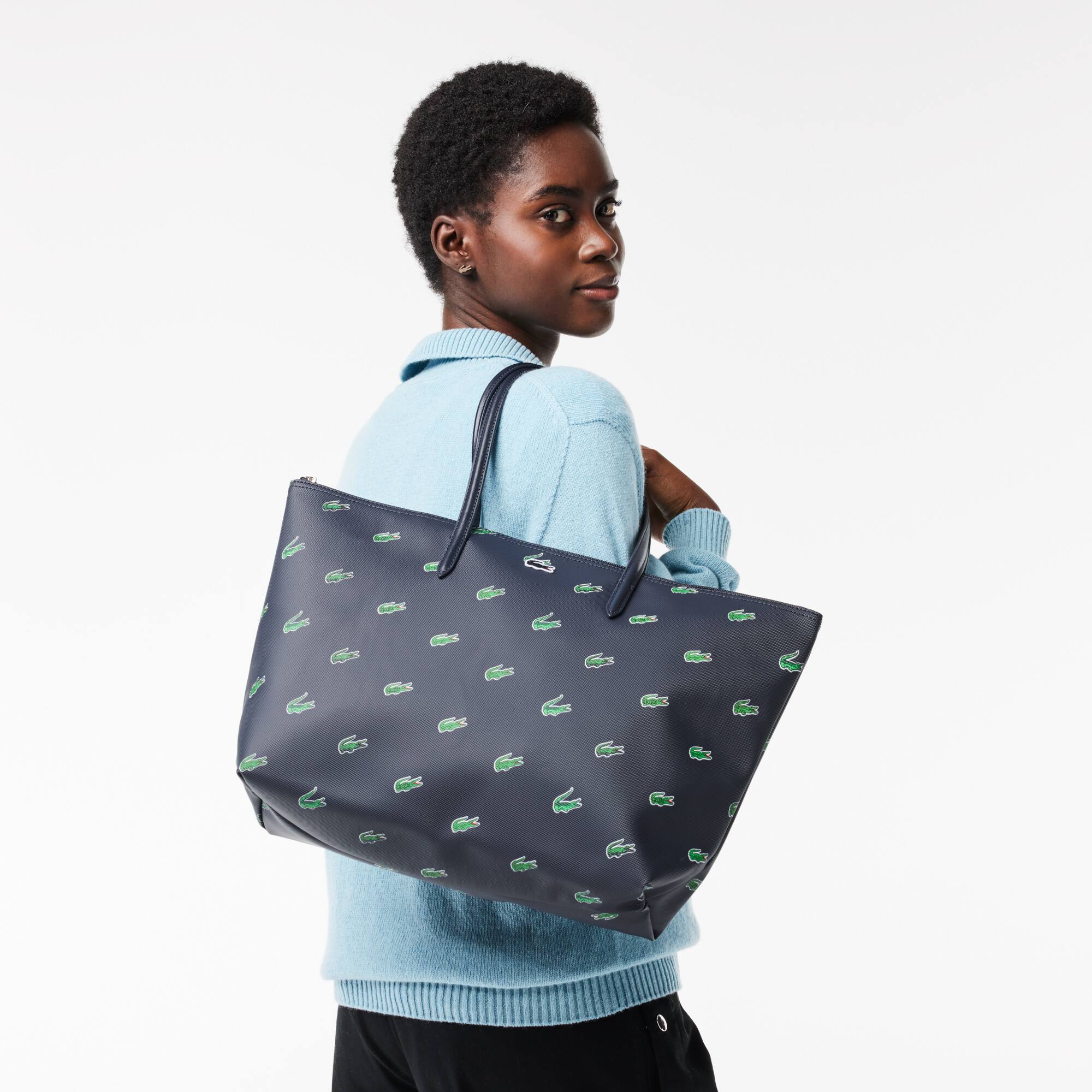 Tote Bag aus beschichtetem Canvas mit Croc Print Taschen - Blau - Lacoste - Damen