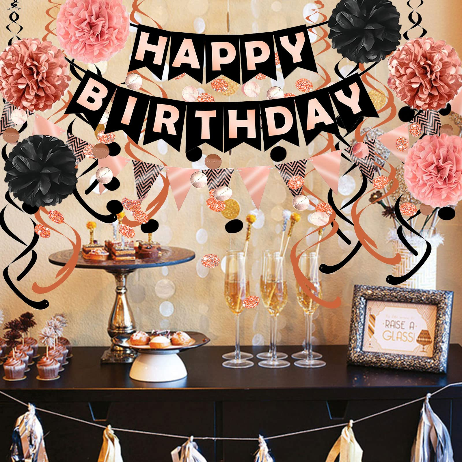 (17-tlg. Set) Happy Birthday Girlande Geburtstags Party Deko Wimpelkette / Pompon's / Spiral Girlande - Roségold / Schwarz