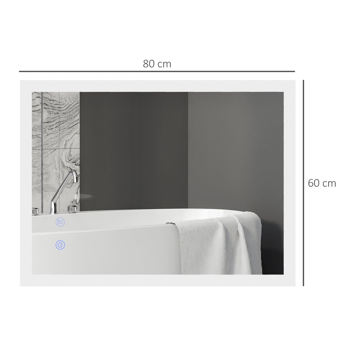Kleankin badkamerspiegel, badkamerspiegel met LED-verlichting, lichtspiegel met aanraakschakelaar, geheugenfunctie, 80 x 60 cm condensvrije wandspiegel met 3 lichtkleuren, IP44 waterdicht