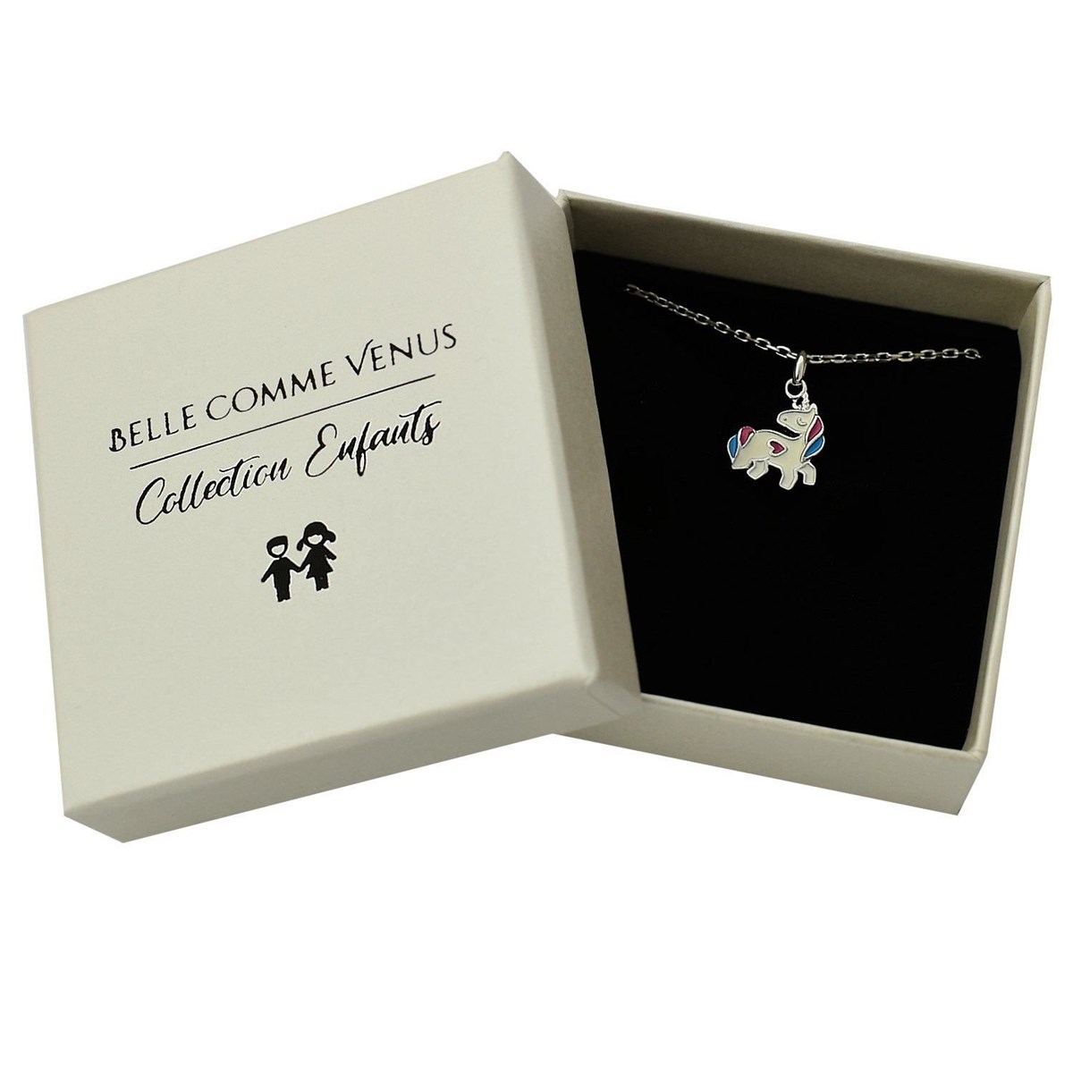 Collier licorne coeur émail coloré Argent 925 Rhodié