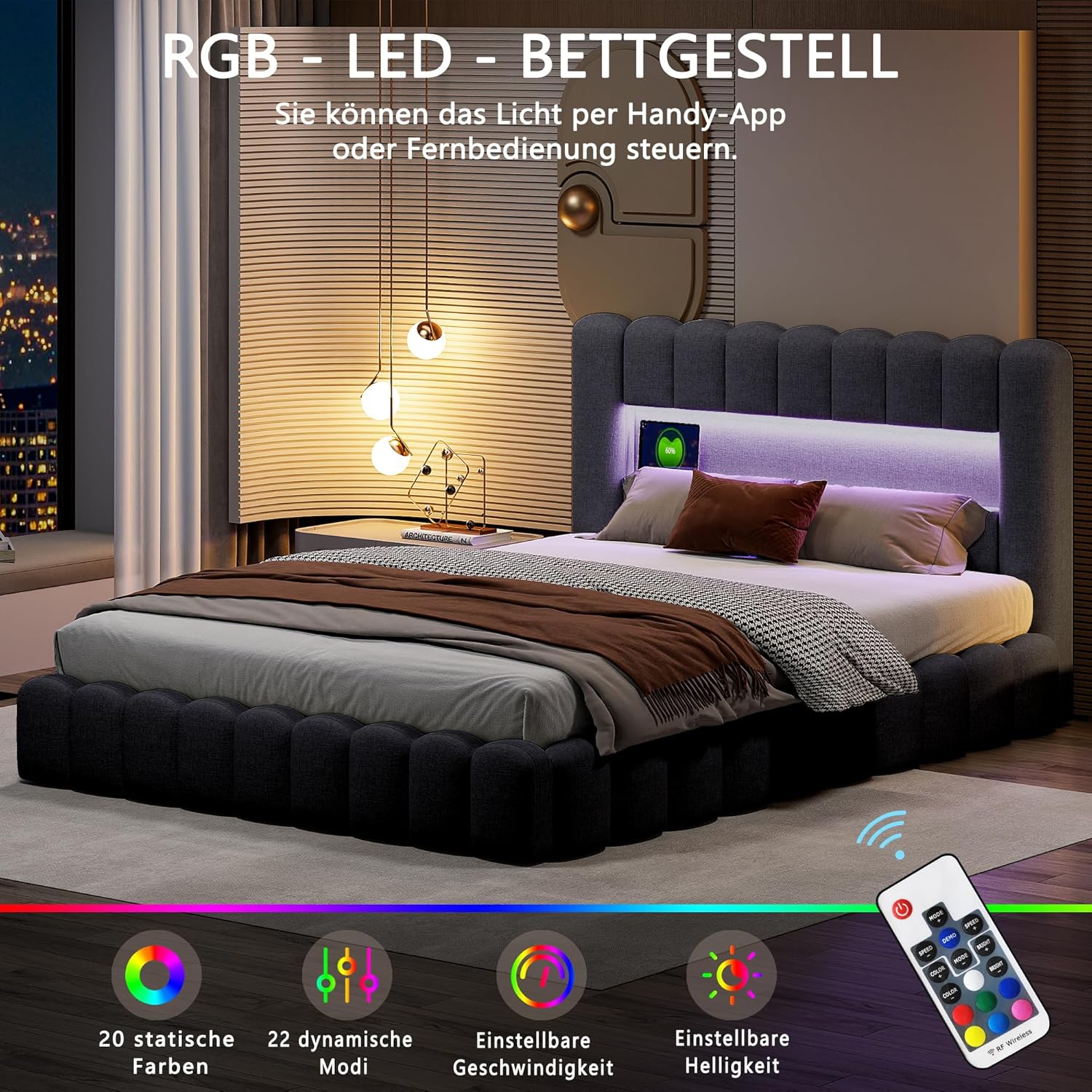 Bubble Bett 180x200 Mit Bettkasten, Polsterbett Doppelbett Mit Hydraulisch Stauraum, Stauraumbett Mit LED Und USB Ladefunktion, Jugendbett Bettgestell Mit Lattenrost, Leinen, Ohne Matratze, Grau