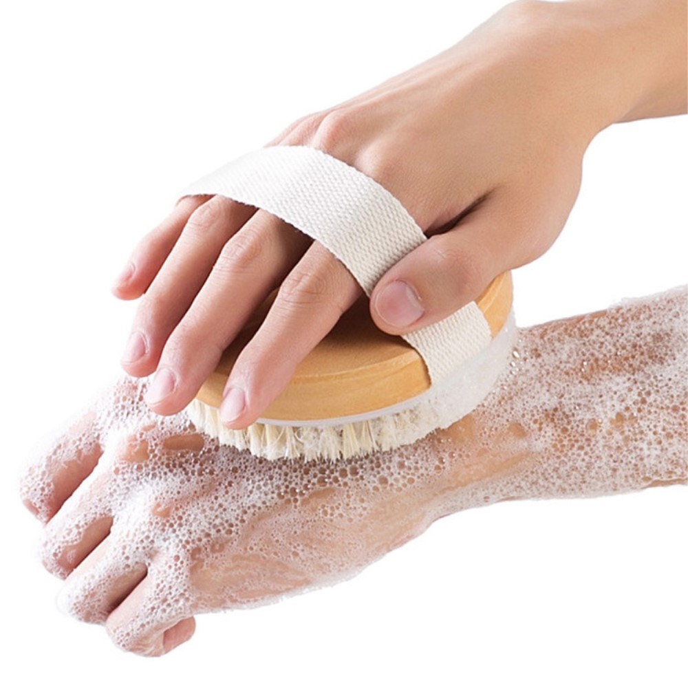(Ø11.5cm) Holz Massagebürste Peeling Dusch Schwamm Wellness Reinigungsbürste mit Handschlaufe - Beige