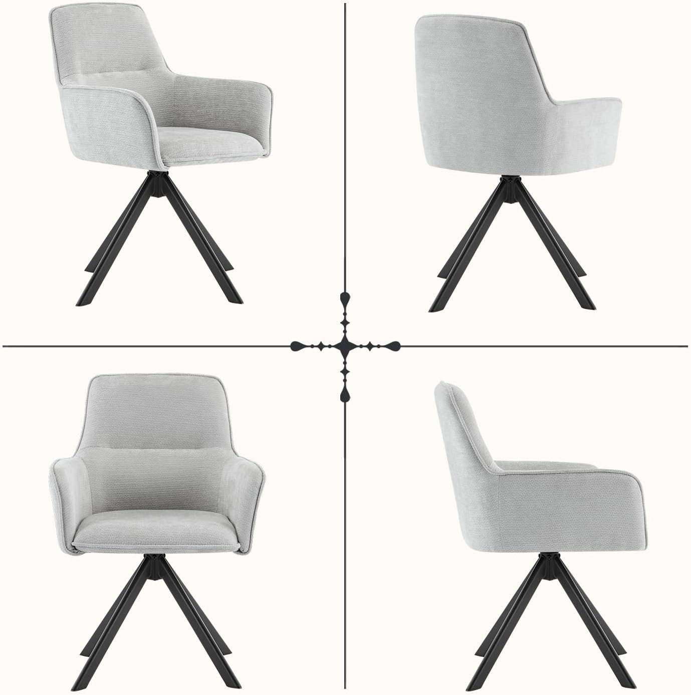 Esszimmerstühle Drehbar mit Armlehne 2er Set, 360°Drehbar Polsterstuhl Küchenstuhl aus Chenille, Stühle Esszimmer Schminkstuhl mit Metallbeine für Esszimmer Küche Schlafzimmer, Hellgrau