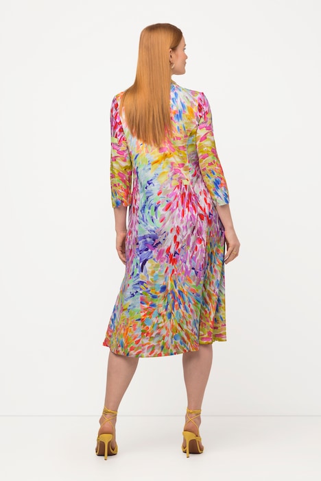 Slinky-Midikleid, Hemdkragen, V-Ausschnitt, 3/4-Arm