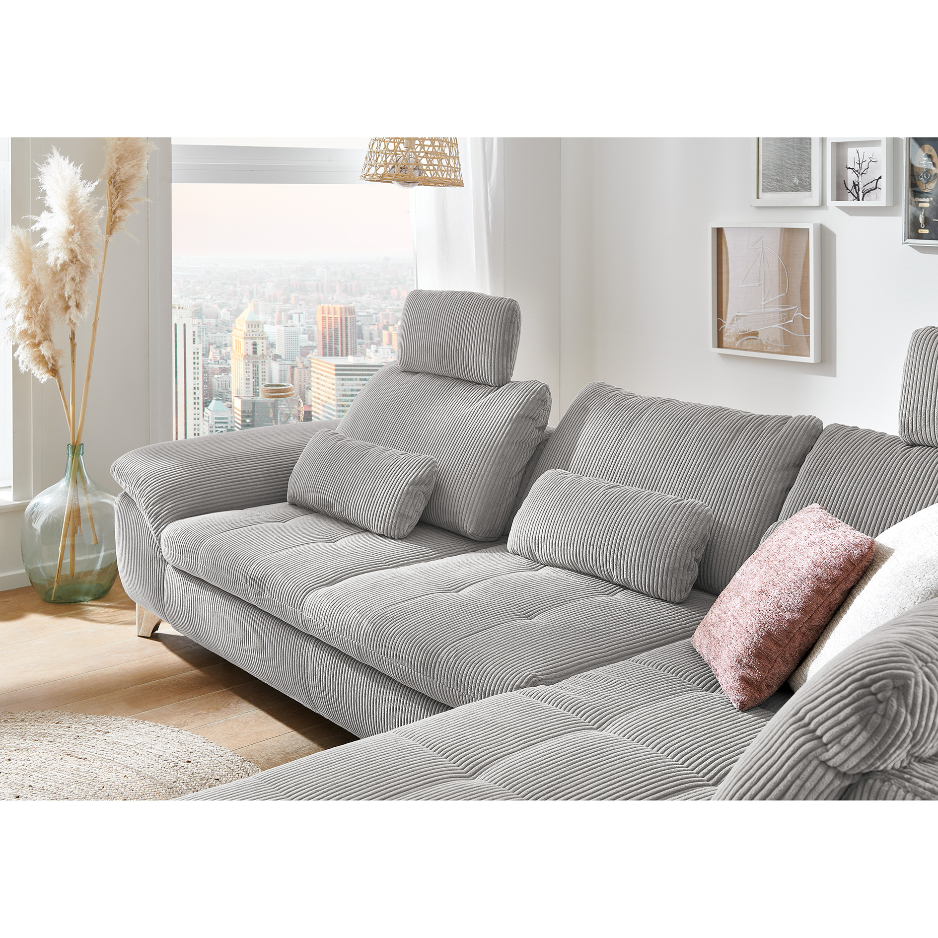 polsterpower Ecksofa - grey - mit Funktionen -Anstellhocker rechts