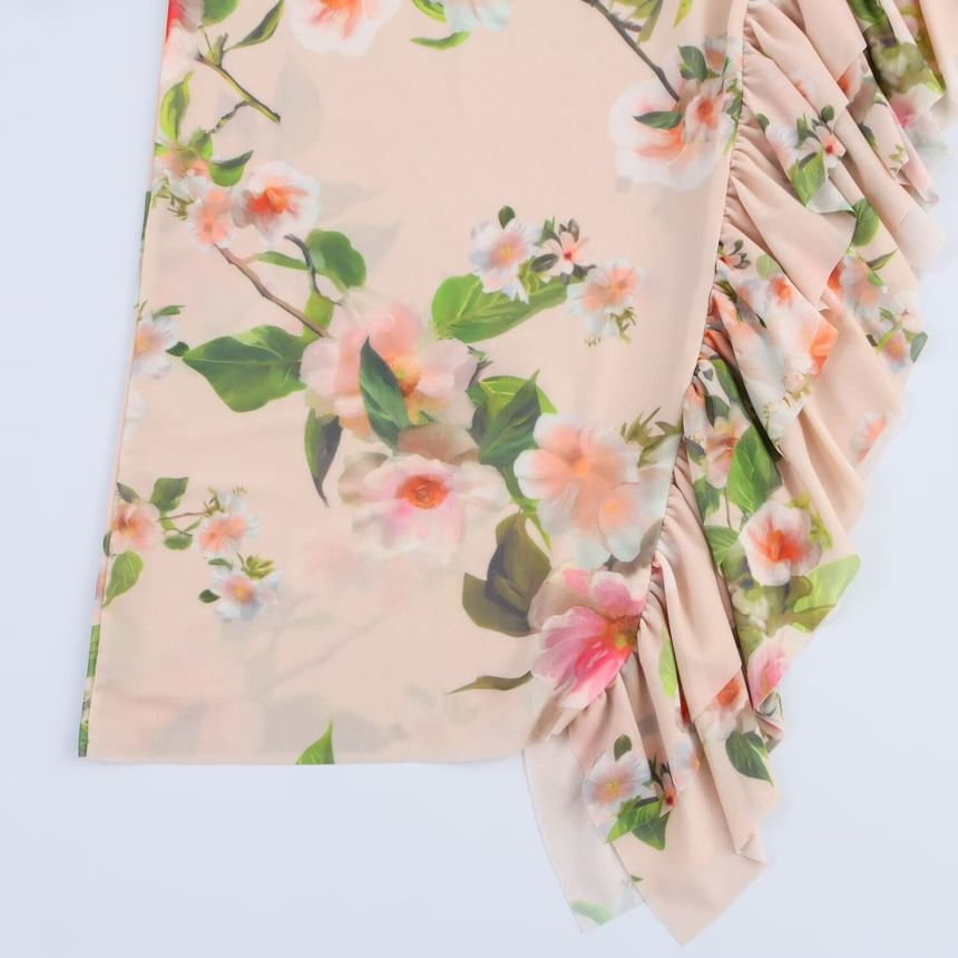 Cumulys - Spaghettibandjes bloemenprint ruches asymmetrische midi-jurk