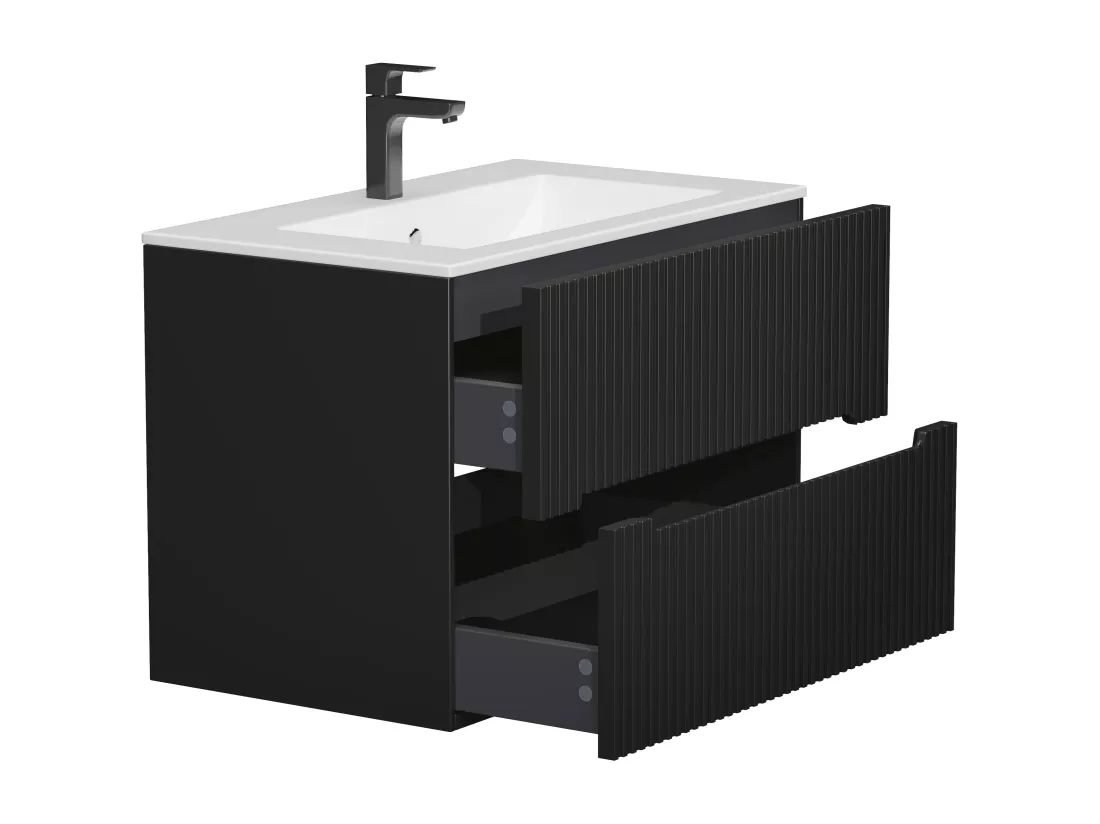 Meuble de salle de bain suspendu avec vasque à encastrer - Strié noir - 80 cm - PAVANI