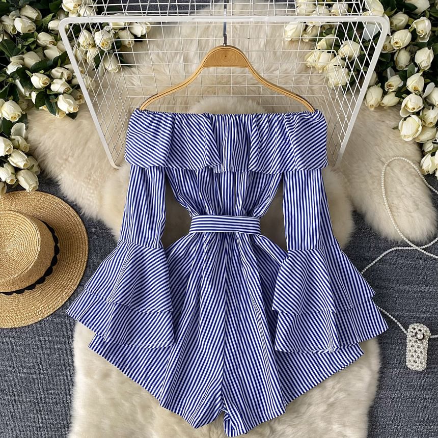 Lucuna - Lange mouwen off-shoulder gestreepte romper