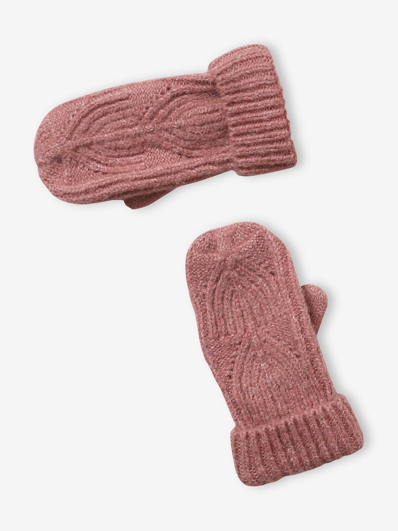 Conjunto de gorro, cachecol tubular e luvas em tricô com textura de bolinhas rosa médio.