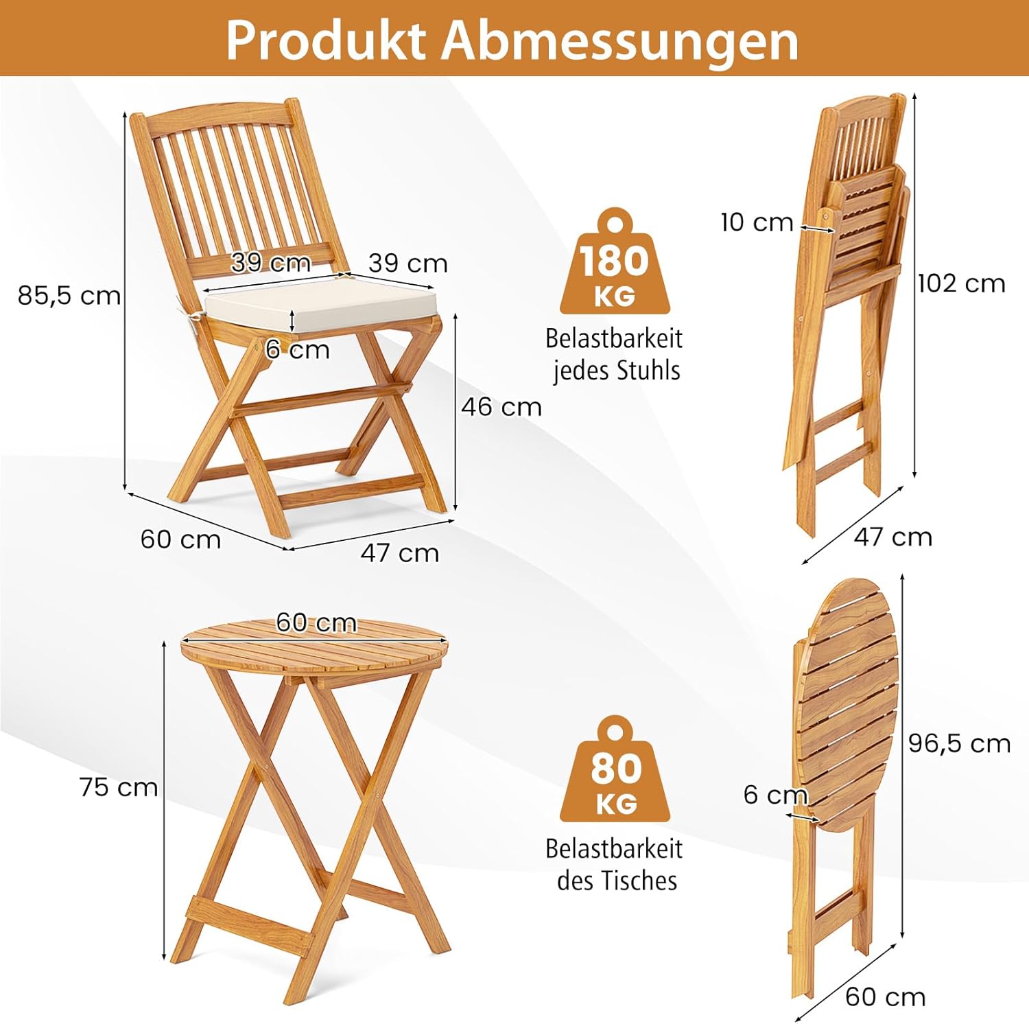 COSTWAY 3tlg. Balkonmöbel Set, Bistrotisch mit 2 Stühlen, klappbares Balkonset aus Akazienholz mit 2 Kissen, Bistroset, Gartengarnitur, Gartenmöbel, Sitzgarnitur, Sitzgruppe für Garten, Balkon (Beige)