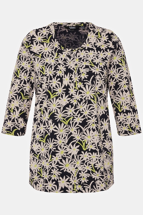 Shirt, Blüten, Ziernähte , A-Linie, Rundhals, 3/4-Arm