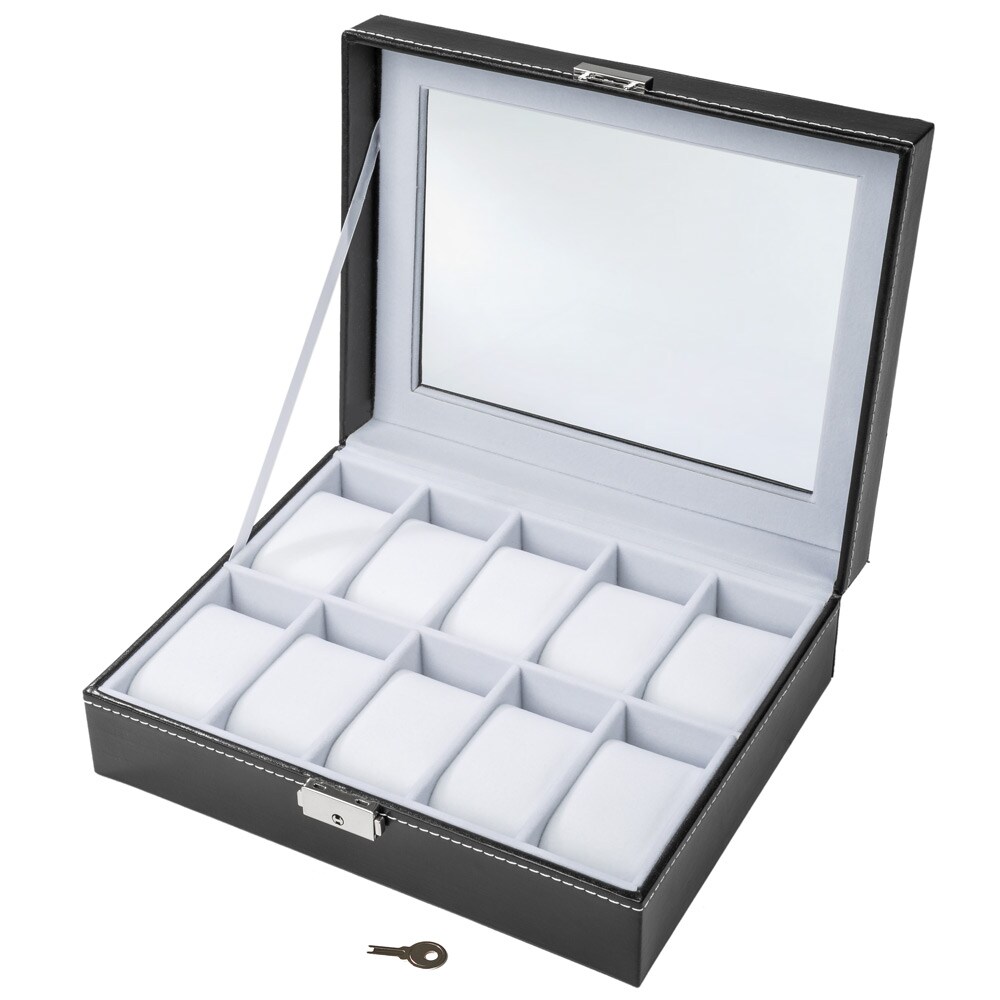 tectake® Uhrenbox, mit 10 Fächern und großem Sichtfenster, herausnehmbare Polsterspangen, 25,5 x 21 x 8 cm