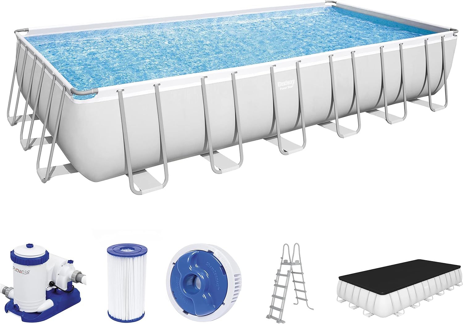 Bestway Power Steel Frame Pool Komplett-Set mit Filterpumpe 732 x 366 x 132 cm, lichtgrau, eckig