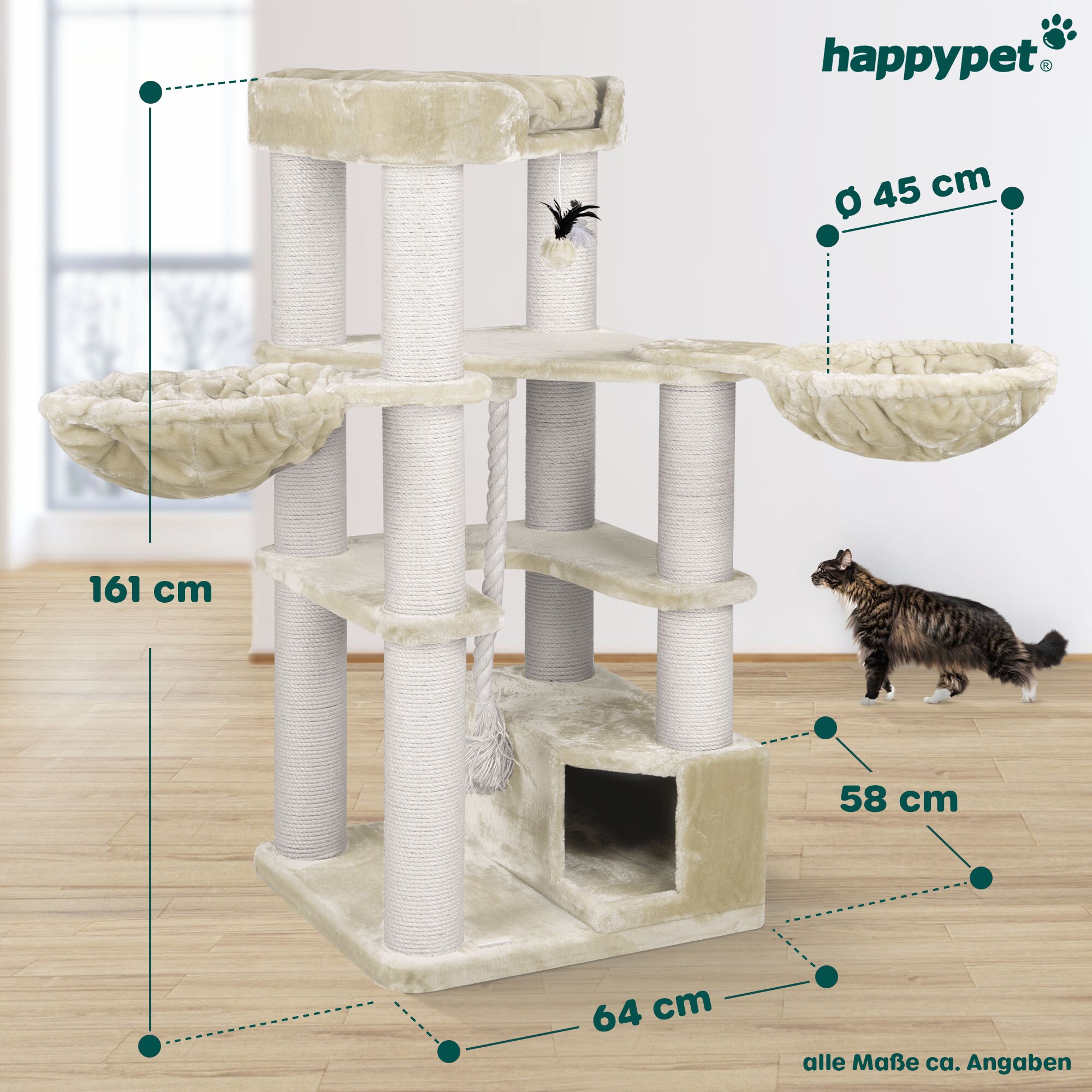 HAPPYPET Premium Kratzbaum 161 cm große Katzen stabil Katzenbaum | Creme