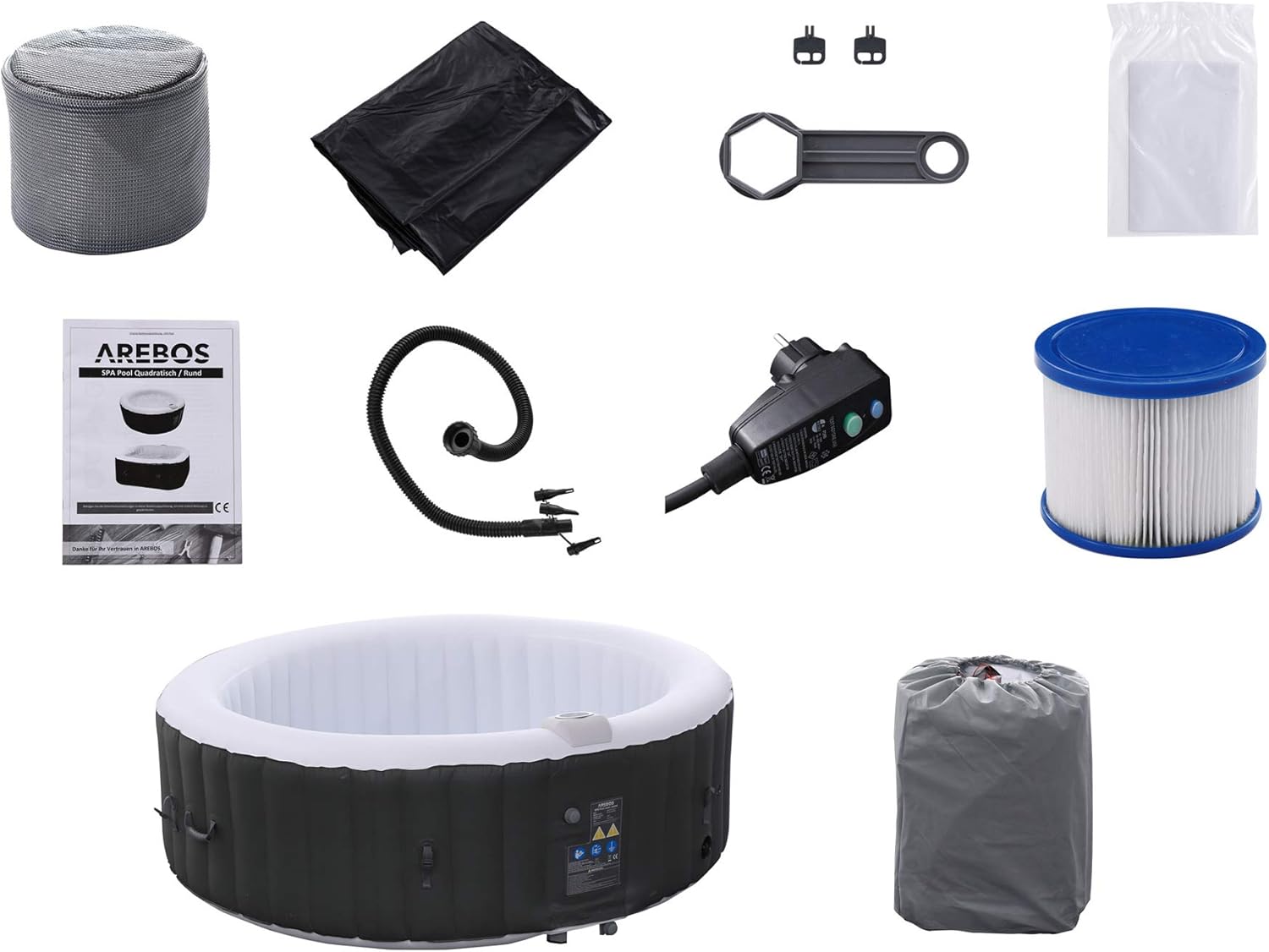 Arebos Whirlpool | aufblasbar | In- & Outdoor | 6 Personen | ⌀ 208 cm | 130 Massagedüsen | mit Heizung | 1.000 Liter | Inkl. Abdeckung | Bubble Spa & Wellness Massage