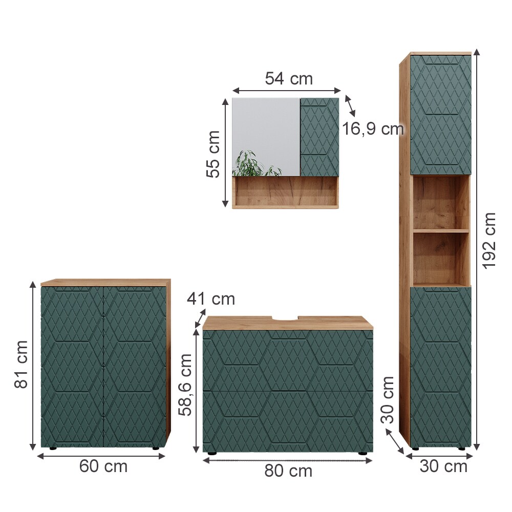Vicco Badmöbel-Set Irma Eiche Grün 4-teilig Hochschrank Kommode