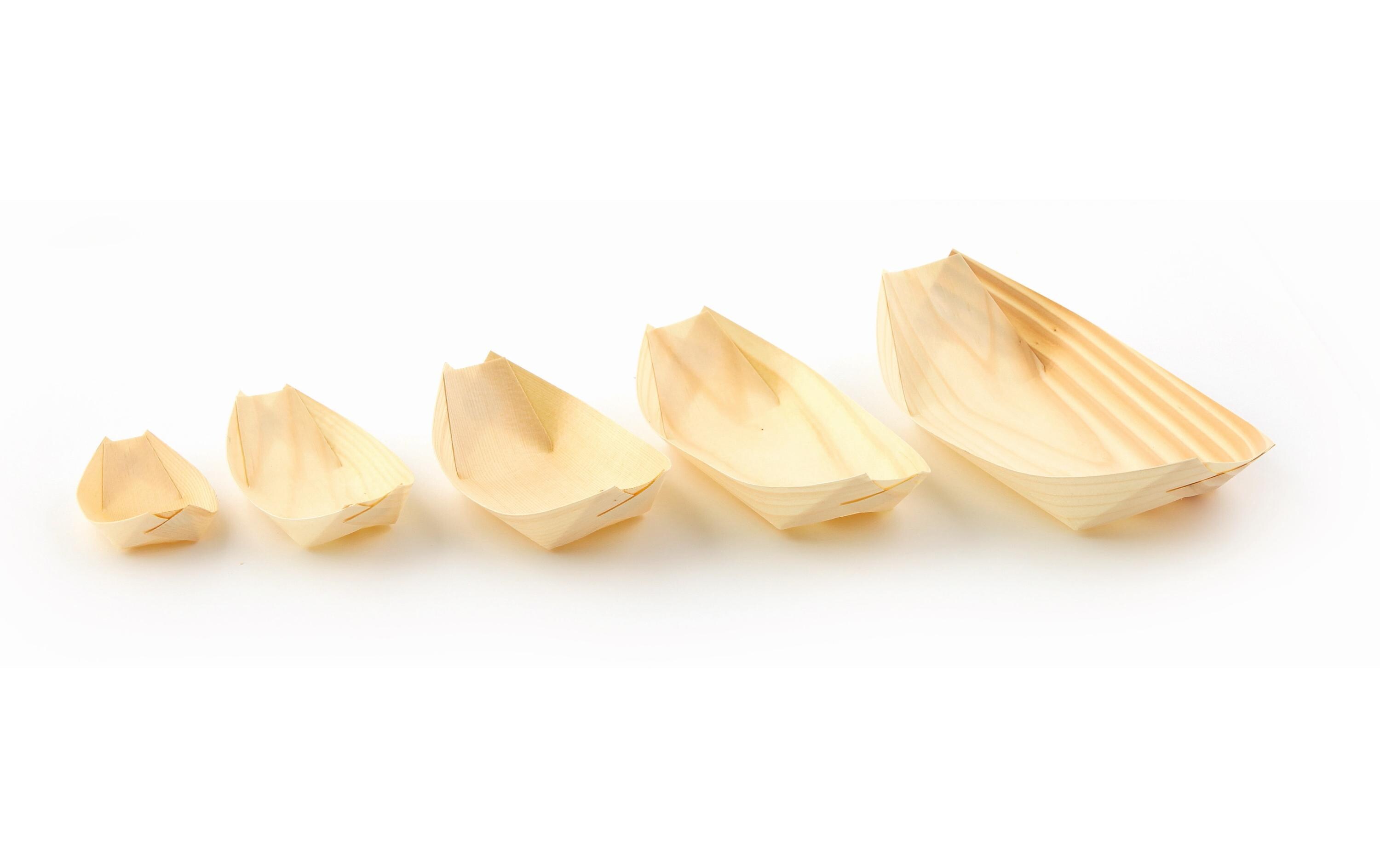 Fingerfood-Schale Holzboot 7.7 x 14 cm, 100 StückEinwegboot aus FSC Holz