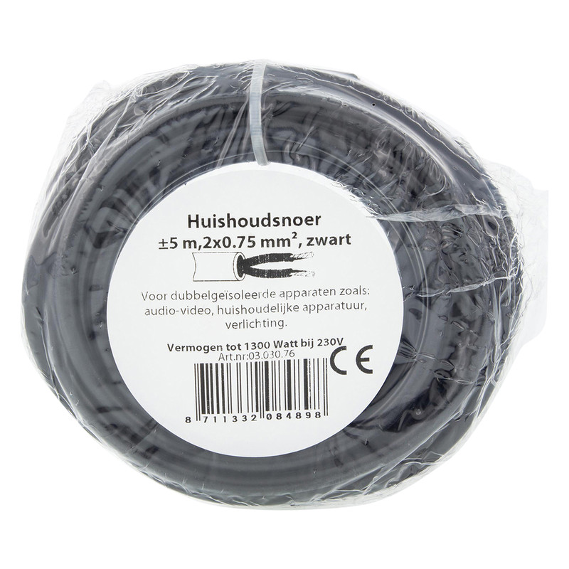 Huishoudkabel rond H03VV-F 5m 2x0,75mm² zwart